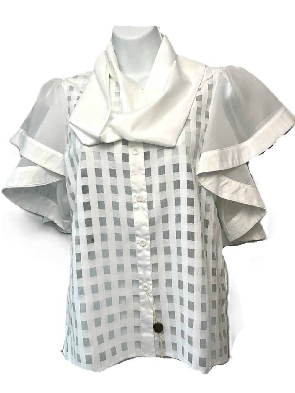 NO SECRET Milano White Sheer Checkered Ruffle Sleeve Scarf Blouse IT44 Italy